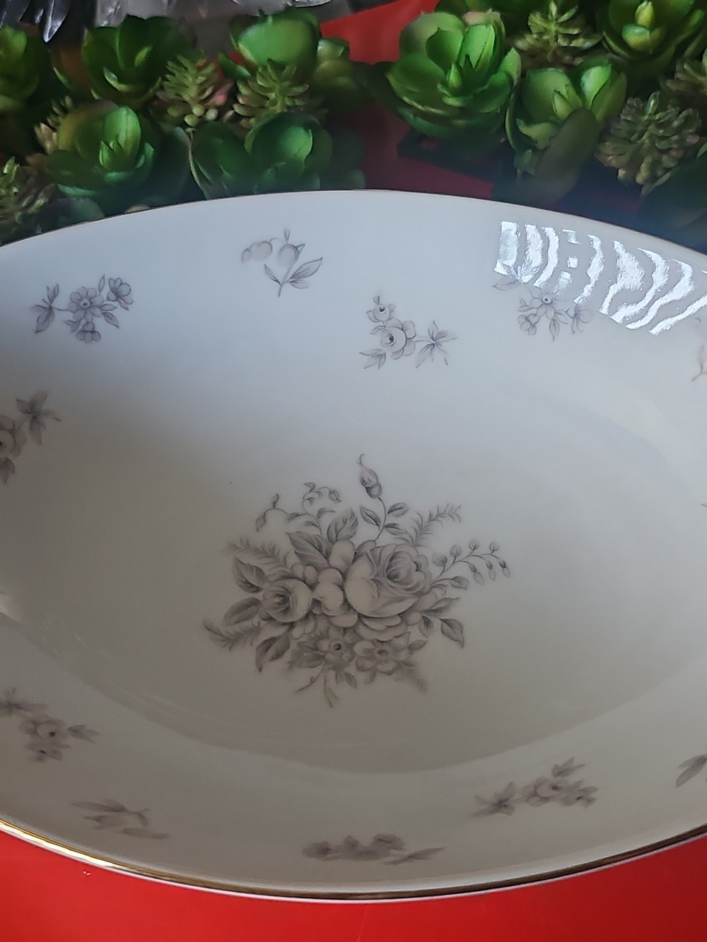Vintage MEITO Japan Shadow Rose Elegant White 11" Serving Bowl with Silver Trim